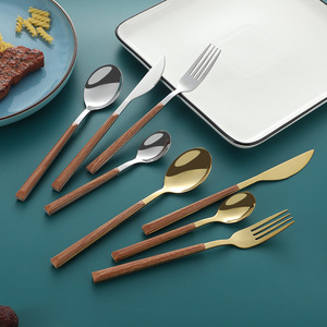 Japanese Style Stainless Steel Cutlery <b>Set</b> 16 Piece Gold Color Wood Grain Handle Durable Dining Utensils - Product Image 3