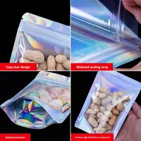 Sacs d'emballage cosmétique holographiques en PET Mylar, qualité alimentaire, étanches à l'humidité, avec fermeture éclair, impression en gravure