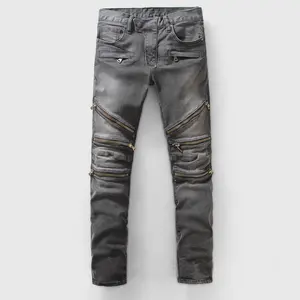 men's washed denim jean pant with zippers cutline at the knee and fashion fly