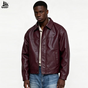 OEM Winter <strong>Burgundy</strong> Oversized Blank Textured Fake Pu <strong>Leather</strong> <strong>Jacket</strong> for Men Custom Loose Bomber <strong>Jacket</strong> - Product Image 1