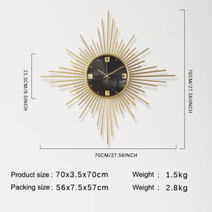 Vente en gros de grande horloge décorative murale en métal, créative, silencieuse, moderne, en forme de <span class=keywords><strong>soleil</strong></span>, aiguille abstraite la plus vendue pour la décoration du salon - Product Image 6