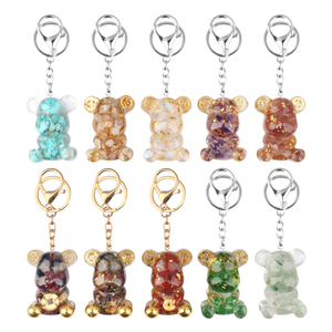 Wholesale Gravel Quartz Gemstone Resin Bear Crystal Keychains Alloy Ring Crystal Keychains for Hanging Ornaments