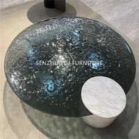 Meuble de maison moderne design italien, base en marbre naturel, rond, ondulation de l'eau, verre trempé, table basse ronde
