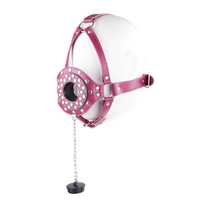 Adult product, fuchsia erotic leather <b>gag</b>, harness, capped <b>gag</b>, multi-studded restraint <b>gag</b>, SM restraint <b>gag</b> <b>ring</b> - Product Image 3