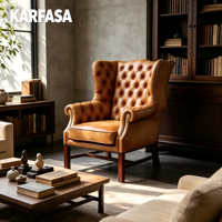 Fauteuil Chesterfield à dossier haut en cuir pleine fleur, capitonné, avec garniture cloutée, pieds en bois massif, pour salon et bureau à domicile