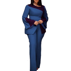 Elegante Traje de Pantalón Largo con Cintura Elástica y Mangas Largas con Diseño de Bloques de Color para Mujer - Product Image 3