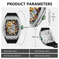 Montre automatique pour homme I&W, boîtier rectangulaire, cadran avec visage souriant, lunette sertie de diamants, noire, montre mécanique de luxe