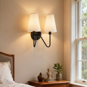 Lampe murale à double tête de style asiatique, corps en fer, abat-jour blanc, ampoule LED E27, commande par interrupteur, pour la décoration de la chambre à coucher et du couloir - Product Image 1