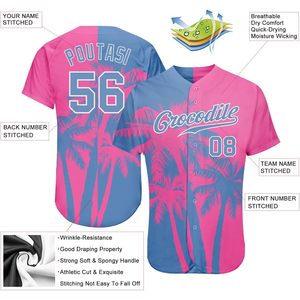 Custom Baseball Jersey Pink Blue Palm Tree Print Personalized Unisex Breathable Sublimated Short Sleeve Sports Jersey - Product Image 2