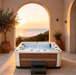 Bain à remous extérieur carré DEWO <span class=keywords><strong>5</strong></span> <span class=keywords><strong>places</strong></span>, bain à remous en acrylique Aristech avec Bluetooth et ozone pour une relaxation à domicile - Product Image 1