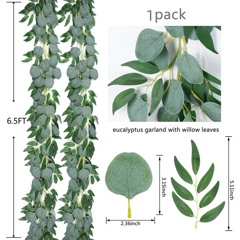 Karangan Bunga Hijau Buatan Eucalyptus Garland dengan Daun Willow Tanaman Merambat Palsu untuk Meja Lengkungan Pernikahan