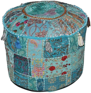 Traditional Rajasthani Patchwork Cotton Retractable <b>Bamboo</b> Rattan Handicraft Scenic Pattern Foot <b>Stool</b> Cover Festive Pouf - Product Image 3