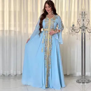 Muslim Dress 2023 Dubai Caftan Women Basic Solid Lace Tape Super Full Sleeves V-Neck Sashes Moroccan Islam Abaya