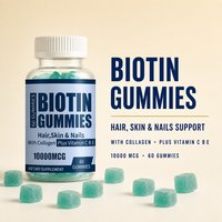 Gummies de Biotine Naturelle 10000mcg Collagène Vitamines C B E Soutien Cheveux Peau Ongles 60 Comprimés