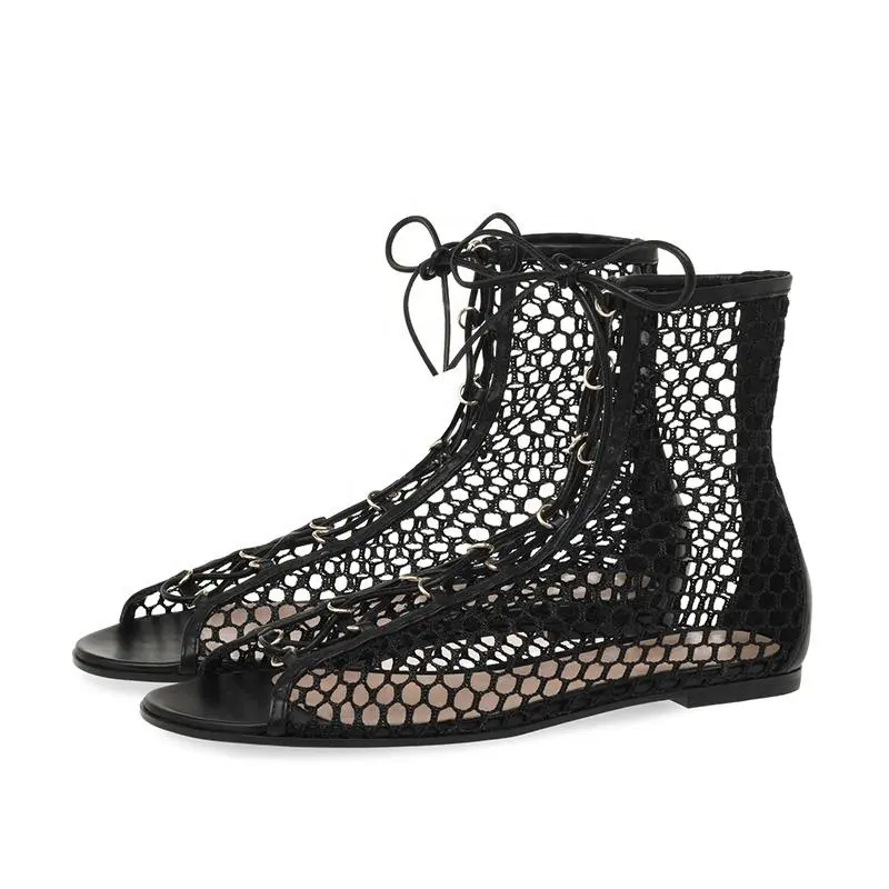 2020 Tailingjia Latest Black Fishnet Ankle Boots For Women Summer Open Toe Flat Large Size