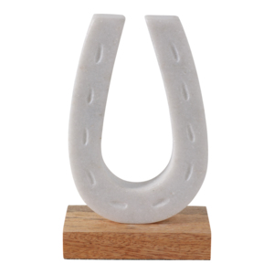 Scultura moderna a forma di ferro di cavallo in marmo su base di legno, elegante statua per decorare casa, bagno, ufficio, soggiorno - Product Image 1