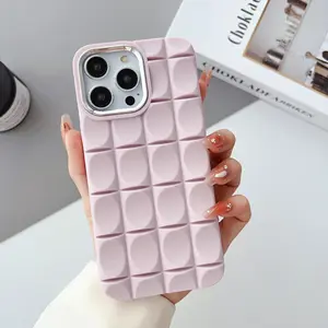 Hot Sale Ins Style 3D Square Phone Case Summer Creativity Solid Color Soft Phone Case With Electroplated Lens For Iphone 15
