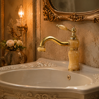 Robinet Mitigeur de Lavabo Monotrou à Fixation sur Plan, Style Européen, Finition Dorée Entièrement en Cuivre, Cartouche Céramique, Eau Chaude et Froide