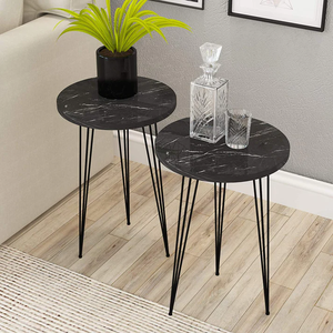 Low Space Pack of 2 Marble Coffee <b>Tables</b> With Iron Three Legs <b>Black</b> Marble Top Chic Home Decor Statement Piece Durable Material - Product Image 2