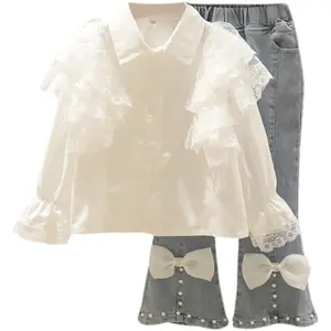 Explosive Models Girls' Autumn Clothing Suit New Arrival Lace Shirt+Bow Jeans 2 Pcs Clothes Sets For Girls