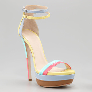 Zapatos de tacón alto de plataforma de talla grande 46 para mujer, sandalias de punta abierta con doble correa y hebillas, estilo patchwork para bailarinas. - Product Image 5