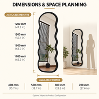 Miroir sur pied avec cadre ondulé, grand miroir de salle de bain sur pied avec base en bois, miroir de sol moderne et décoratif