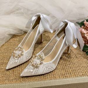 Zapatos de Tacón Alto de Lujo con Correa en el Tobillo de 6CM/8CM, Zapatos de Novia Blancos con Encaje para Boda - Product Image 2