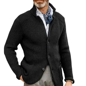 Hot sale Men's Autumn street wear pocket button design Black Turn down Collar Thick sweaters overcoat