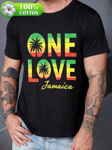 T-Shirt One Love Jamaica da Uomo, Manica Corta, Collo Tondo, 100% Cotone 180g, Abbigliamento Casual Estivo, Design con Palme e Blocchi di Colore - Product Image 3