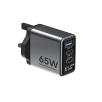 Chargeur USB C avec affichage numérique 65W GaN, adaptateur secteur 3 ports Type C, double USB C USB A PD, charge rapide pour téléphone portable, ordinateur portable, Royaume-Uni