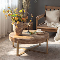 Table basse de style américain rétro avec finition vieillie, plateau en bois massif, structure en métal, petite table de salon, table à thé, balcon