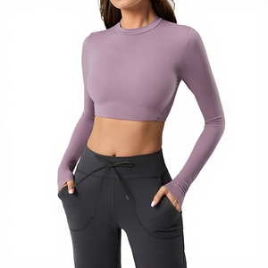 Camisetas de manga larga para mujer, duraderas, para yoga, atléticas, antibacterianas, de spandex/nailon, ajustadas. - Product Image 4