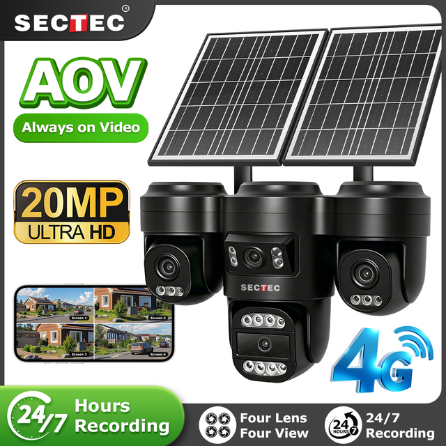 20MP AI 4-Lens Solar PTZ Security Camera AOV 24/7 Recording Dual Solar Panel WiFi 4G LTE 128G Outdoor Surveillance Camera