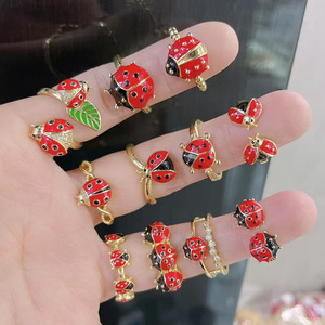 Rm1688 phong cách sang trọng 18K vàng dễ thương men bọ rùa phụ nữ bọ rùa và hoa Nhẫn chúc may mắn và tích cực biểu tượng mở Nhẫn - Product Image 2