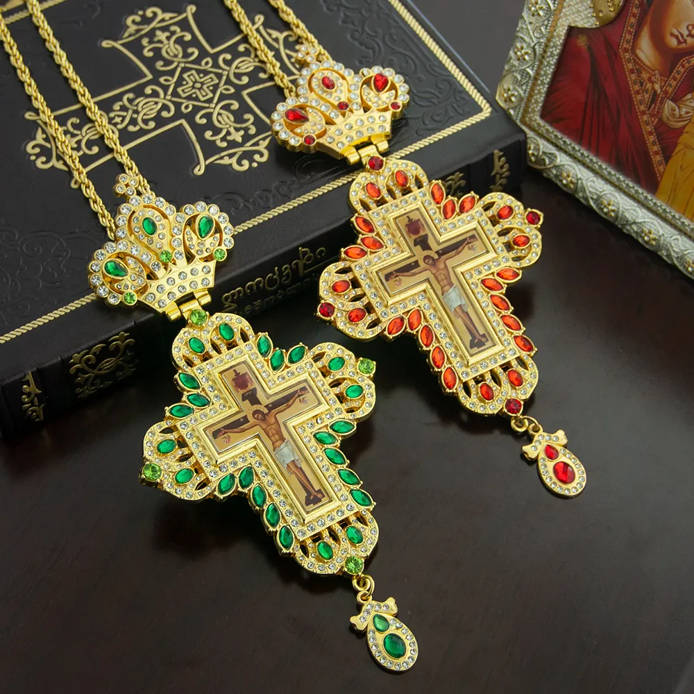 HT ортодоксальный христианский епископ священник наперстная эмаль крест кулон священник ювелирные изделия цветные камни религиозное ожерелье
