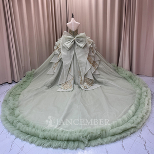 Vestido de Quinceañera de Lujo Mct031 en Verde Salvia, Sin Tirantes, con Corsé de Mariposa, Lazo en la Cintura, Volantes, Estilo Princesa, Jancember - Product Image 2