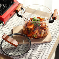 Marmite à soupe en verre borosilicate transparent à double poignée en bois épaissi, style américain, compatible tous feux