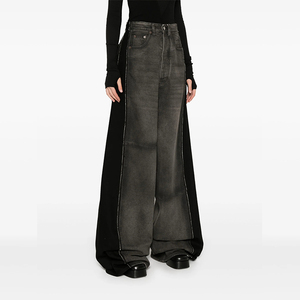 Jeans da Donna Personalizzati Super Baggy a Gamba Larga, <span class=keywords><strong>Pantaloni</strong></span> in Denim Streetwear a Vita Media con Lavaggio Vintage e Color Block Nero - Product Image 2