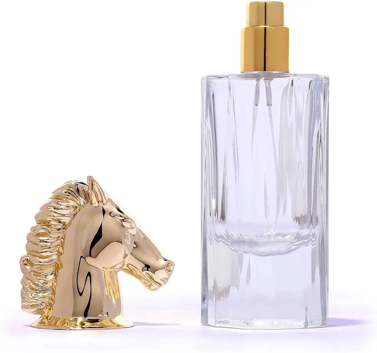 زجاجة بخاخة قابلة لإعادة الملء من الزجاج النقي, زجاجة بخاخة معدنية ذهبية اللون يمكن إعادة ملء رأس الحصان ، زجاجة بخاخة من المعدن من صانعي المعدات الأصلية ، 50