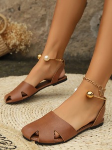 Women Hollow Out <b>Closed</b> <b>Toe</b> Flat <b>Sandals</b> Pearl Metal Ankle Strap Slingback Summer Shoes - Product Image 6