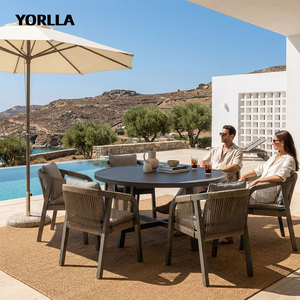 Teak legno Patio esterno tavolo e sedia Set per balcone tavolo da <span class=keywords><strong>giardino</strong></span> rotondo con 6 sedie per uso Villa o bagno - Product Image 5