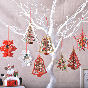 Décorations en <span class=keywords><strong>bois</strong></span> découpées au laser, ornements flocons de neige tridimensionnels, pendentifs clochettes pour sapin de Noël, cadeaux fournis par les fabricants - Product Image 1