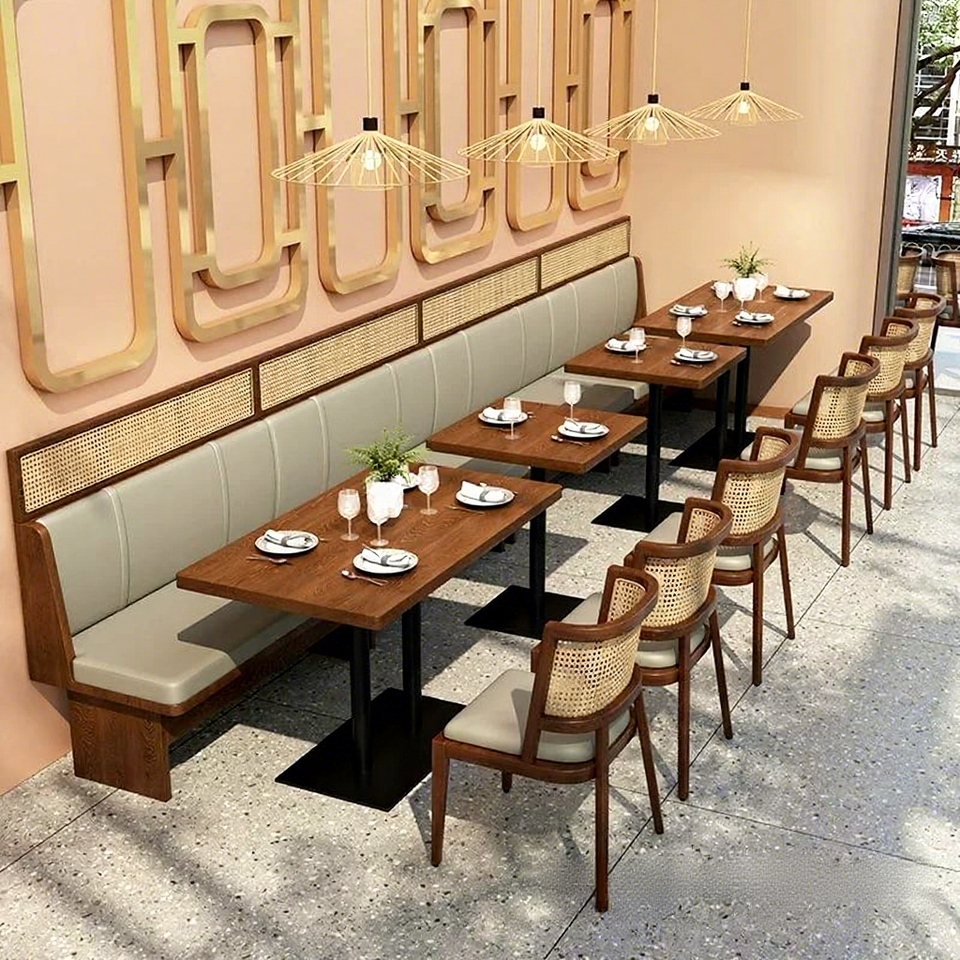 Long Table Setting Modern Solid Wood Restaurant Furniture Set Rattan Dining Chairs Table ...