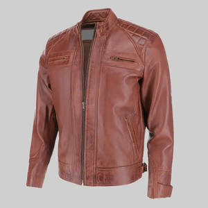 Veste moto en cuir véritable matelassée slim fit pour homme, couleur tan, style café racer, avec col montant, fermeture éclair et doublure en polyester - Product Image 3