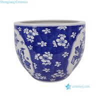 RXCS11-B Jarre en porcelaine chinoise bleue et blanche motif prune glacée avec fenêtre ouverte, motif de curiosités antiques