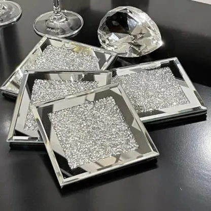 Porta-copos quadrados de vidro prateado para decoração de mesa para bebidas, espelho de diamante