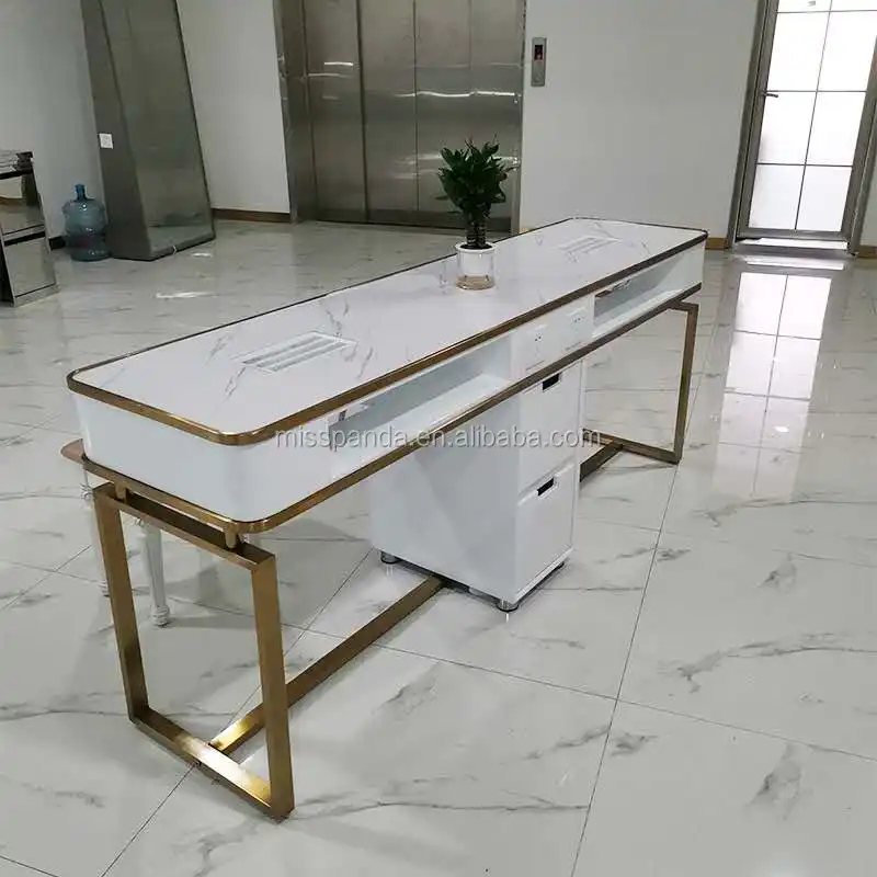 New manicure table double seaters stainless steel frame manicure table with artificial marble countertop