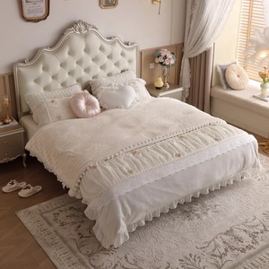 Lit convertible inclinable en cuir massif de style européen crème, sculpté, avec rangement, en bois massif, de luxe léger français, <span class=keywords><strong>pour</strong></span> chambre à coucher - Product Image 4