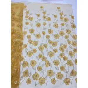 Tecido de renda floral 3D tecido de renda de tule francês para vestido de noite de casamento tecido de renda de malha de lantejoulas para mulheres