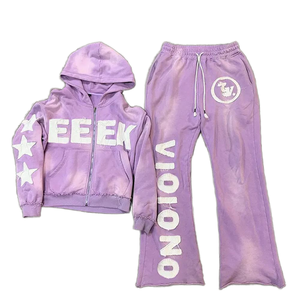 Completo <span class=keywords><strong>Tuta</strong></span> da Uomo Personalizzato Oversize con Lavaggio Acido Effetto Invecchiato e Patch Ricamato, Felpa con Cappuccio e <span class=keywords><strong>Pantaloni</strong></span> a Zampa Vintage Traspiranti per l'Autunno - Product Image 3